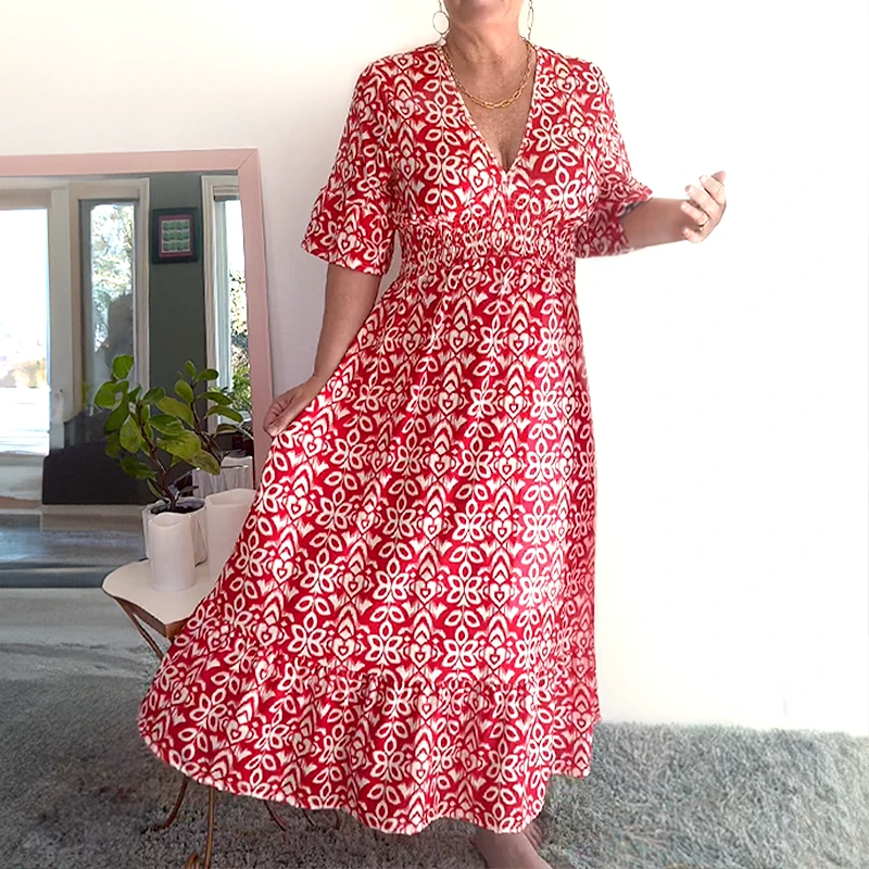 Casual Bohemian Long Dress with Print, V-Neckline, and Waist Belt