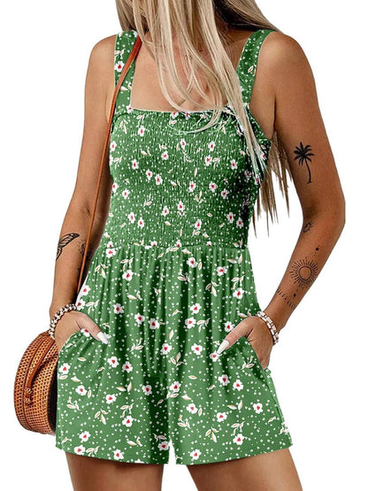 🏝️LAST DAY SALE 50% OFF💃Women's Summer Square Neck Sleeveless Loose Casual Short Smocked Romper🔥