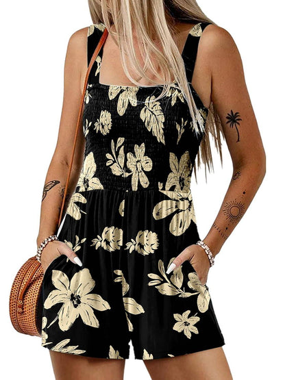 🏝️LAST DAY SALE 50% OFF💃Women's Summer Square Neck Sleeveless Loose Casual Short Smocked Romper🔥