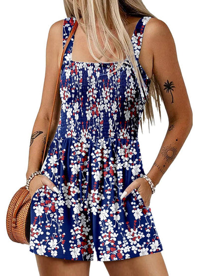 🏝️LAST DAY SALE 50% OFF💃Women's Summer Square Neck Sleeveless Loose Casual Short Smocked Romper🔥
