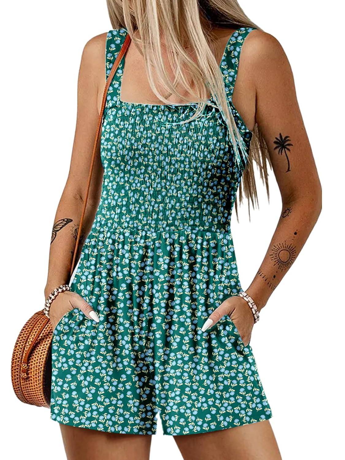 🏝️LAST DAY SALE 50% OFF💃Women's Summer Square Neck Sleeveless Loose Casual Short Smocked Romper🔥