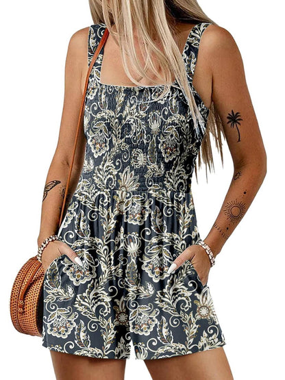🏝️LAST DAY SALE 50% OFF💃Women's Summer Square Neck Sleeveless Loose Casual Short Smocked Romper🔥