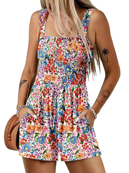 🏝️LAST DAY SALE 50% OFF💃Women's Summer Square Neck Sleeveless Loose Casual Short Smocked Romper🔥