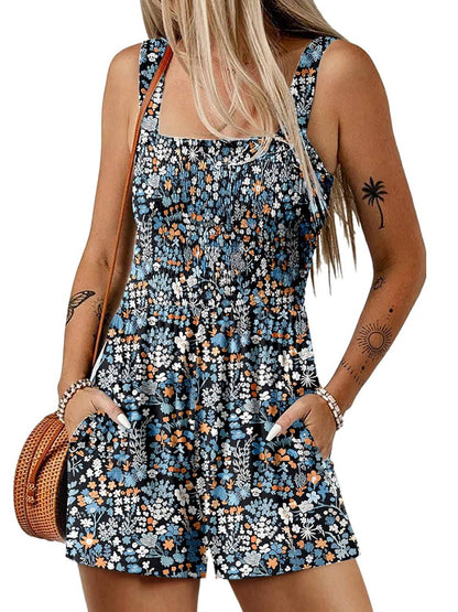 🏝️LAST DAY SALE 50% OFF💃Women's Summer Square Neck Sleeveless Loose Casual Short Smocked Romper🔥