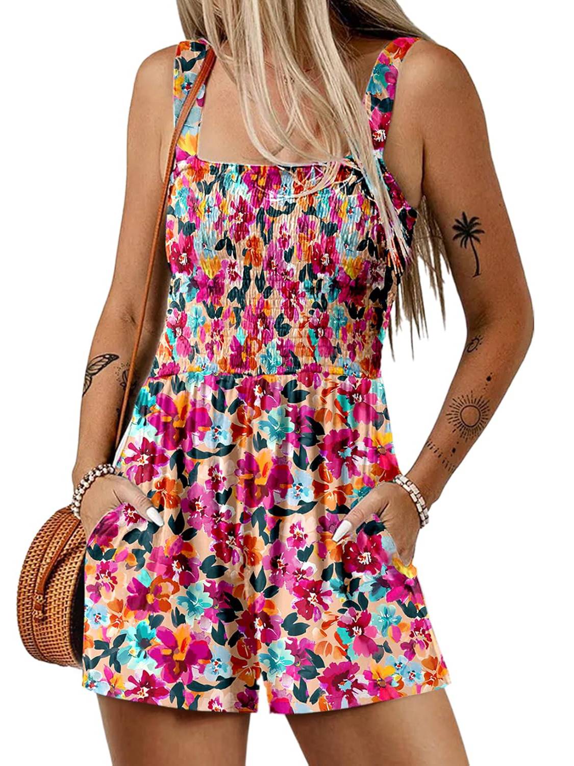 🏝️LAST DAY SALE 50% OFF💃Women's Summer Square Neck Sleeveless Loose Casual Short Smocked Romper🔥