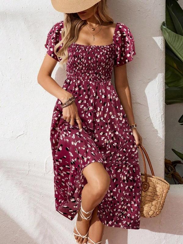 🌈2026 New Arrive Summer Hot Sale 50% OFF!✨Square Neck Floral Midi Dress – Smocked Bodice, Flowy Tiered Skirt🌸