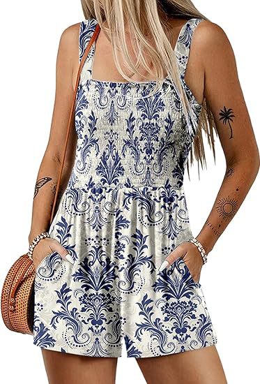 🏝️LAST DAY SALE 50% OFF💃Women's Summer Square Neck Sleeveless Loose Casual Short Smocked Romper🔥