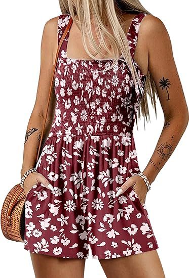 🏝️LAST DAY SALE 50% OFF💃Women's Summer Square Neck Sleeveless Loose Casual Short Smocked Romper🔥