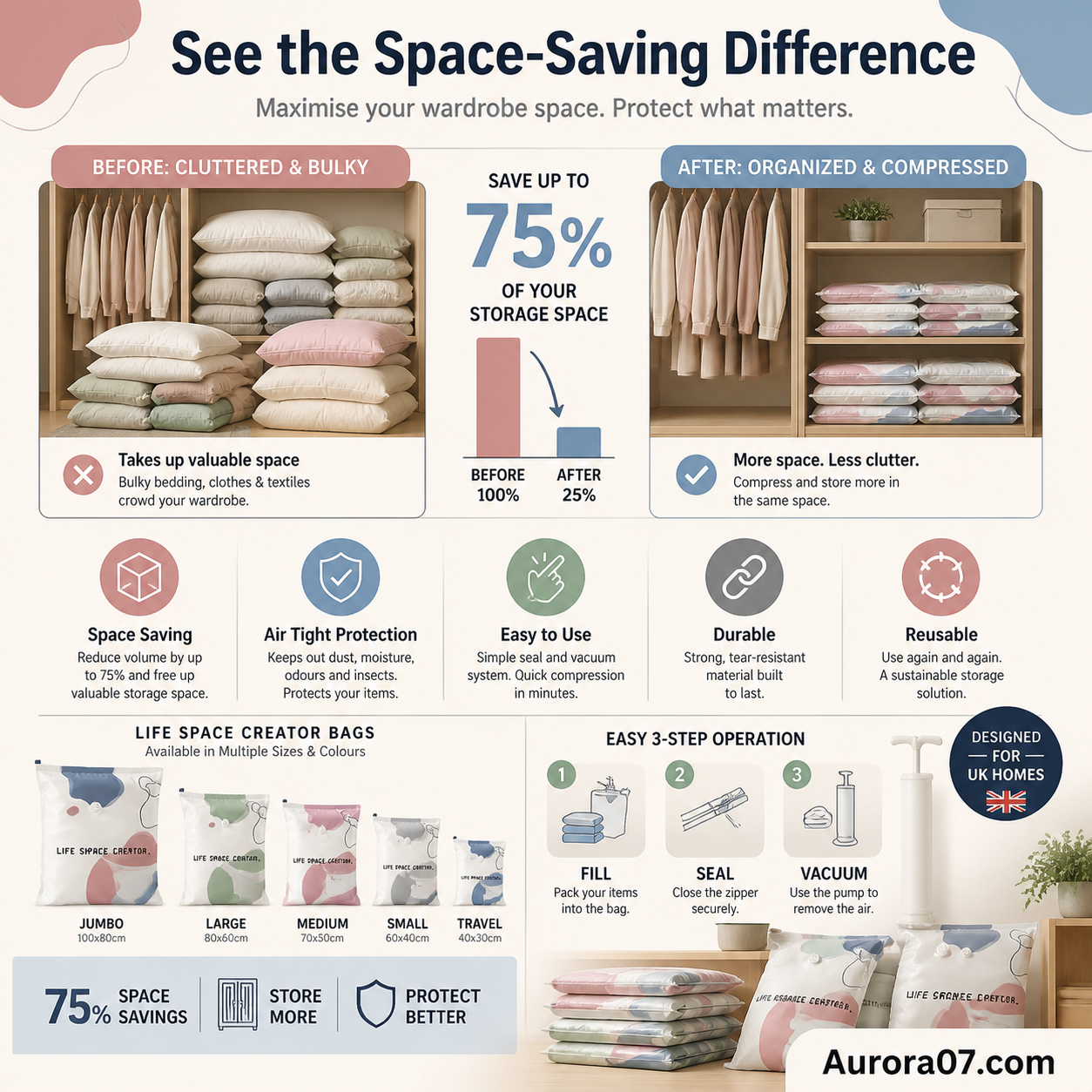 ⏳LAST DAY SALE ONLY £4.99!🏆🧳No-Pump Vacuum Storage Bags – Space-Saving Compression Bags for Clothes & Bedding