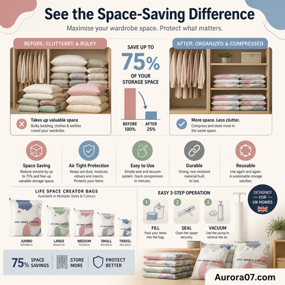 ⏳LAST DAY SALE ONLY £4.99!🏆🧳No-Pump Vacuum Storage Bags – Space-Saving Compression Bags for Clothes & Bedding