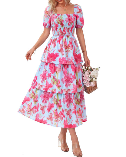 ⏰Summer Hot Sale 70% OFF💃Women's Floral Square Neck Puff Short Sleeve Smocked Tiered Dress
