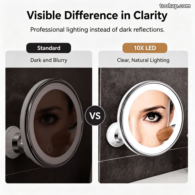 ⏳🔥LIMITED-TIME 50% OFF! ⏰💄10X Magnifying Makeup Mirror – LED Light & Suction Cup for Makeup and Skincare