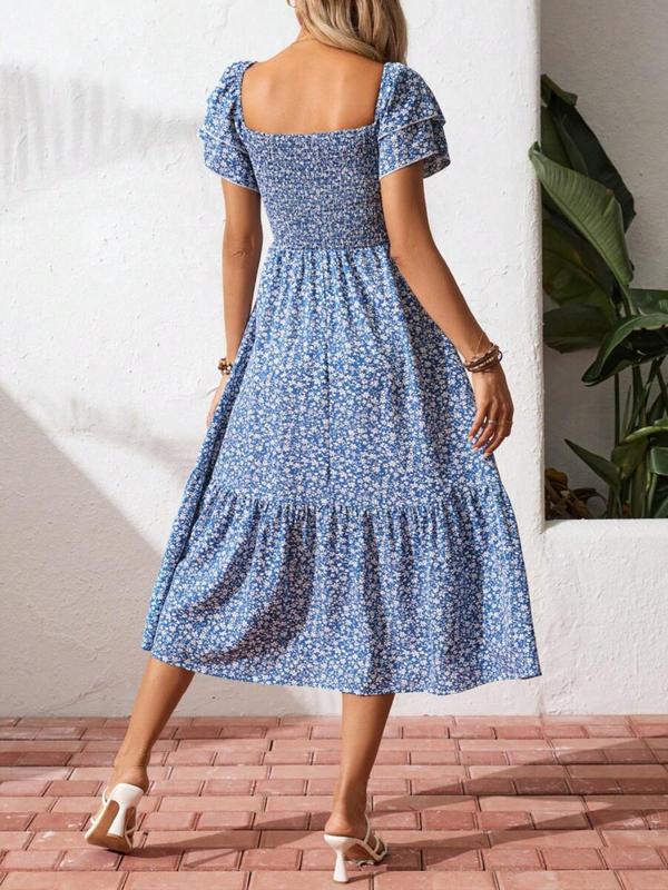 🌈2026 New Arrive Summer Hot Sale 50% OFF!✨Square Neck Floral Midi Dress – Smocked Bodice, Flowy Tiered Skirt🌸