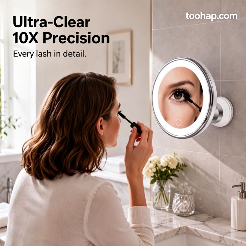 ⏳🔥LIMITED-TIME 50% OFF! ⏰💄10X Magnifying Makeup Mirror – LED Light & Suction Cup for Makeup and Skincare