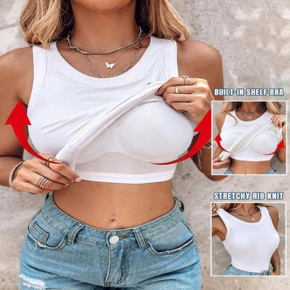 This Week's Special Price🍃Round Neck Built-in Bra Ribbed Tank Top Fit Casual Comfortable💥