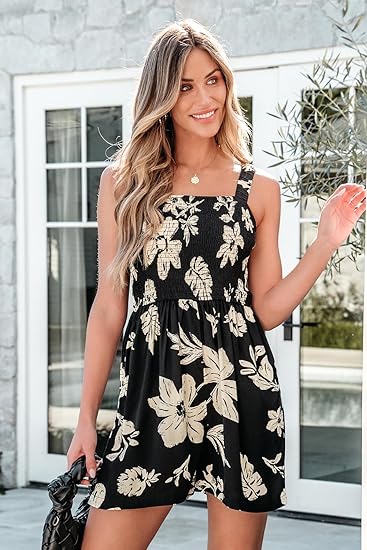 🏝️LAST DAY SALE 50% OFF💃Women's Summer Square Neck Sleeveless Loose Casual Short Smocked Romper🔥