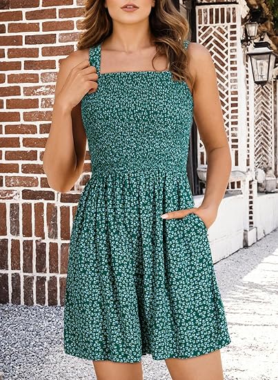 🏝️LAST DAY SALE 50% OFF💃Women's Summer Square Neck Sleeveless Loose Casual Short Smocked Romper🔥