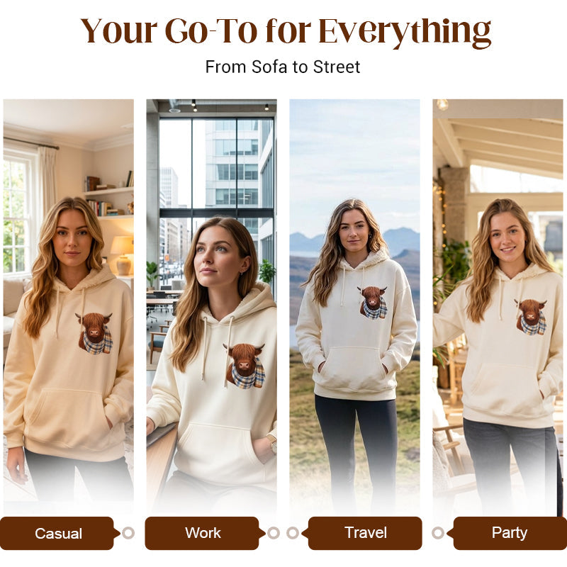 🎅CHRISTMAS SALE 50% OFF!!🎁🐄Cute Highland Cow Fleece Hoodie – Cozy Warm Hooded Sweatshirt for Women