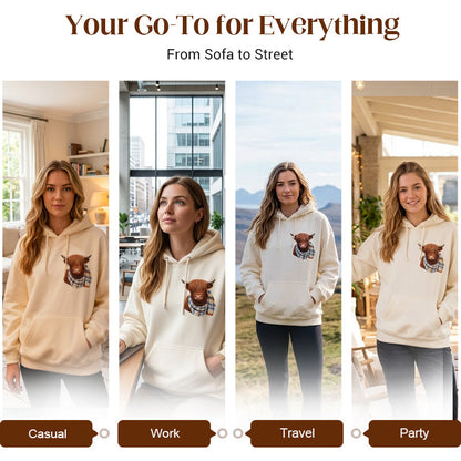 🎅CHRISTMAS SALE 50% OFF!!🎁🐄Cute Highland Cow Fleece Hoodie – Cozy Warm Hooded Sweatshirt for Women