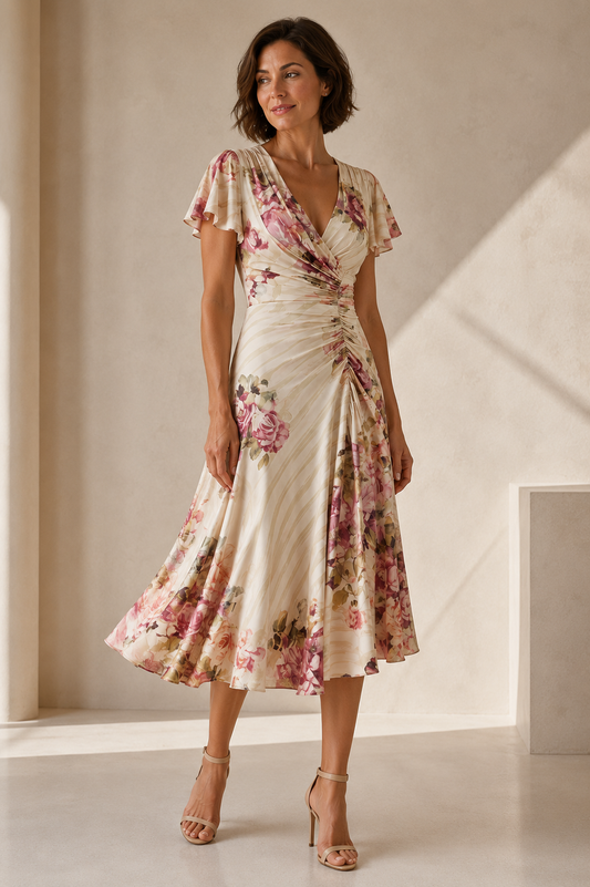 🌸2026 Hot Sale Valentina Floral Dress – Wrap Neck, Gathered Waist, Midi Flow. 49% OFF & Free Shipping!