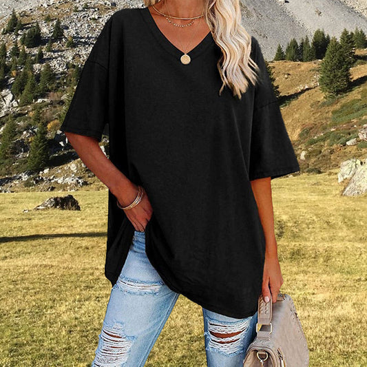 📢📢50% OFF !! ⏰Women's Casual Loose Plus Size V Neck T Shirts Summer Half Sleeve Tees Fit Cotton Tunic Tops
