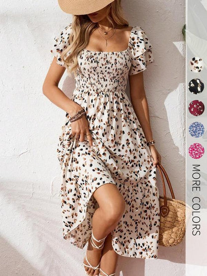 🌈2026 Summer Hot Sale 50% OFF!✨Square Neck Floral Midi Dress – Smocked Bodice, Flowy Tiered Skirt, Romantic🌸
