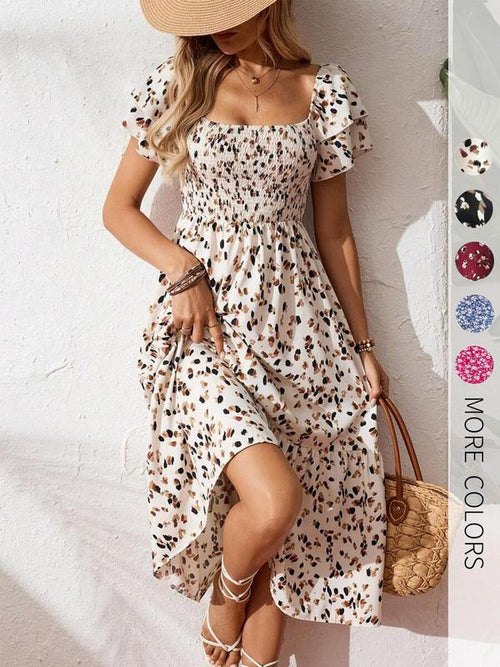🌈2026 New Arrive Summer Hot Sale 50% OFF!✨Square Neck Floral Midi Dress – Smocked Bodice, Flowy Tiered Skirt🌸