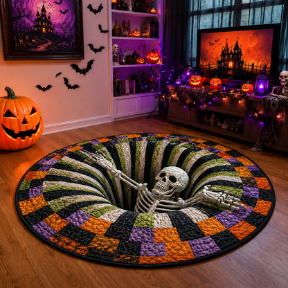 🎃Gifts They’ll Love ✨3D Skeleton Vortex Quilted Round Halloween Rug