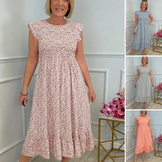 🎉🛍️Hot Promotion 55% OFF💃Women's Elegant Floral Print High-Waisted Ruffle Cap Sleeve Dress