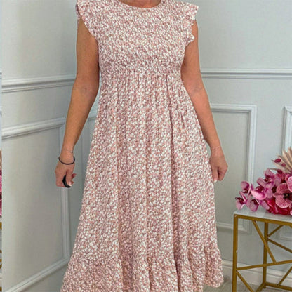 🎉🛍️Hot Promotion 55% OFF💃Women's Elegant Floral Print High-Waisted Ruffle Cap Sleeve Dress