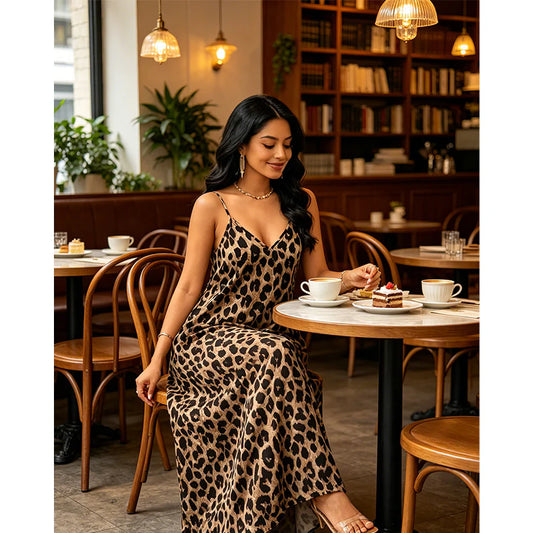 🌿Leopard Print Maxi Dress – V-Neck, Spaghetti Straps & Pockets. 46% OFF + Free Shipping!  Your Summer Travel Essential