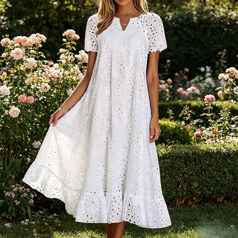 🌸 Eyelet V-Neck Dress with Pockets – Soft Cotton Blend, 5 Colors. 47% OFF + Free Shipping!