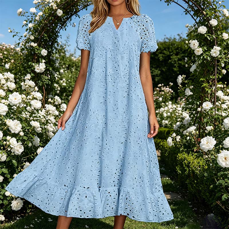 🌸 Eyelet V-Neck Dress with Pockets – Soft Cotton Blend, 5 Colors. 47% OFF + Free Shipping!