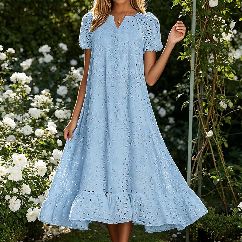 🌸 Eyelet V-Neck Dress with Pockets – Soft Cotton Blend, 5 Colors. 47% OFF + Free Shipping!