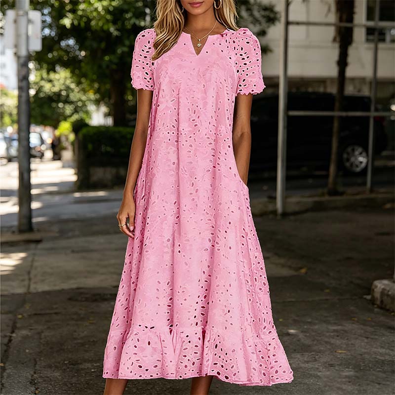 🌸 Eyelet V-Neck Dress with Pockets – Soft Cotton Blend, 5 Colors. 47% OFF + Free Shipping!