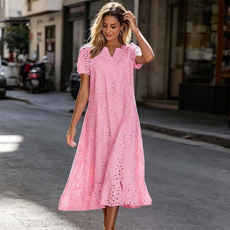 🌸 Eyelet V-Neck Dress with Pockets – Soft Cotton Blend, 5 Colors. 47% OFF + Free Shipping!