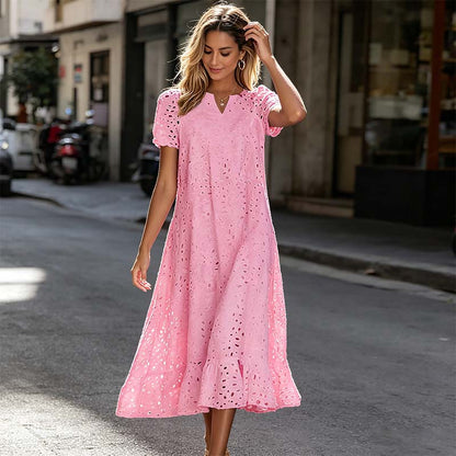 🌸 Eyelet V-Neck Dress with Pockets – Soft Cotton Blend, 5 Colors. 47% OFF + Free Shipping!