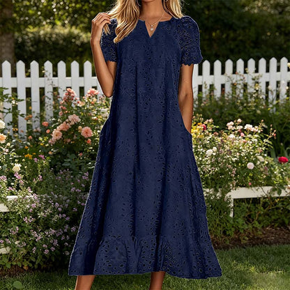 🌸 Eyelet V-Neck Dress with Pockets – Soft Cotton Blend, 5 Colors. 47% OFF + Free Shipping!