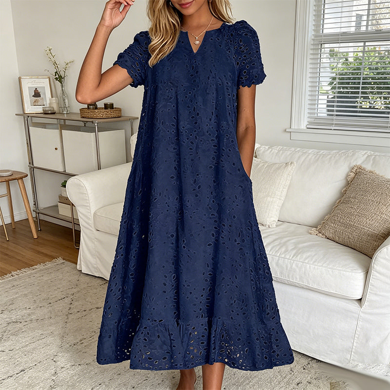 🌸 Eyelet V-Neck Dress with Pockets – Soft Cotton Blend, 5 Colors. 47% OFF + Free Shipping!