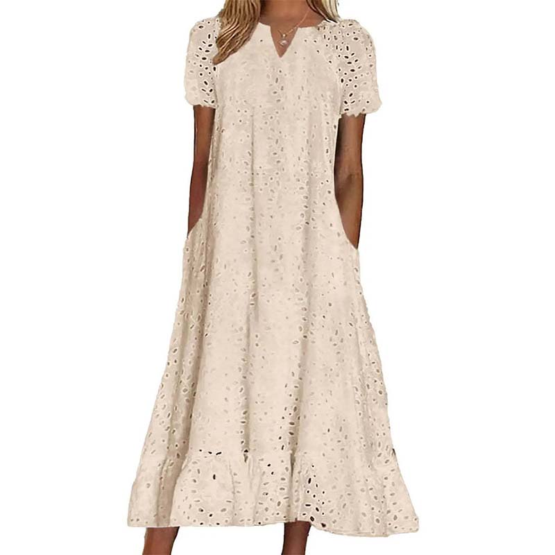 🌸 Eyelet V-Neck Dress with Pockets – Soft Cotton Blend, 5 Colors. 47% OFF + Free Shipping!