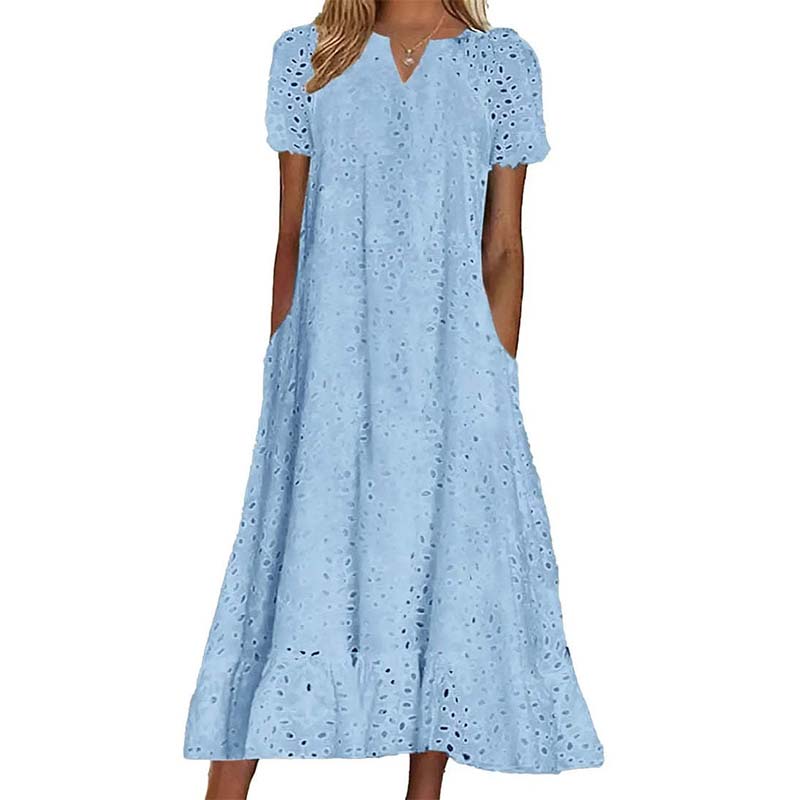 🌸 Eyelet V-Neck Dress with Pockets – Soft Cotton Blend, 5 Colors. 47% OFF + Free Shipping!