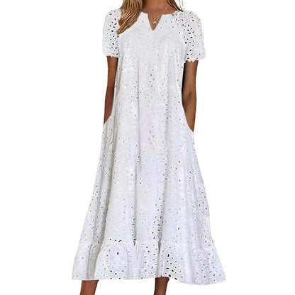 🌸 Eyelet V-Neck Dress with Pockets – Soft Cotton Blend, 5 Colors. 47% OFF + Free Shipping!