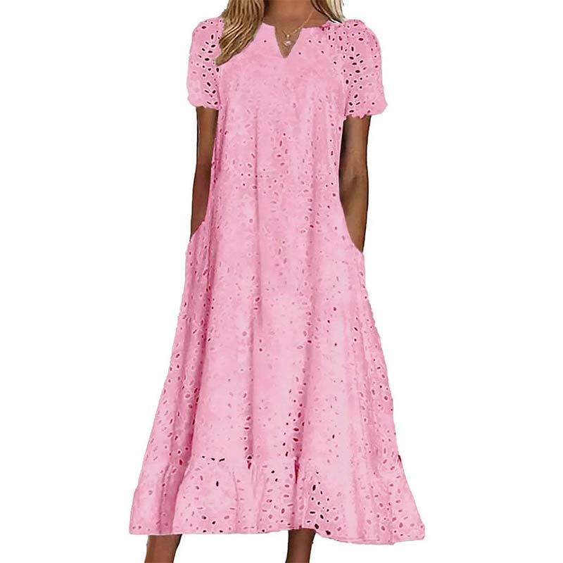 🌸 Eyelet V-Neck Dress with Pockets – Soft Cotton Blend, 5 Colors. 47% OFF + Free Shipping!