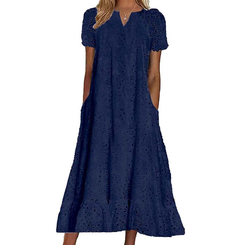 🌸 Eyelet V-Neck Dress with Pockets – Soft Cotton Blend, 5 Colors. 47% OFF + Free Shipping!