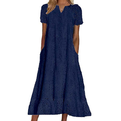 🌸 Eyelet V-Neck Dress with Pockets – Soft Cotton Blend, 5 Colors. 47% OFF + Free Shipping!