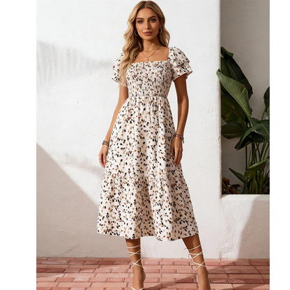 🌈2026 New Arrive Summer Hot Sale 50% OFF!✨Square Neck Floral Midi Dress – Smocked Bodice, Flowy Tiered Skirt🌸