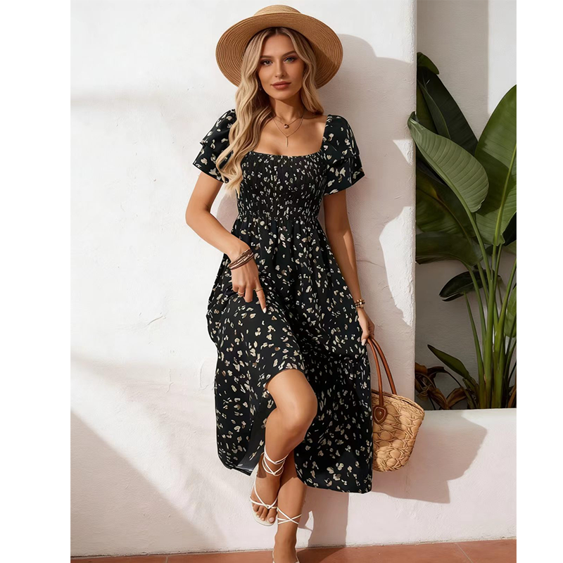 🌈2026 New Arrive Summer Hot Sale 50% OFF!✨Square Neck Floral Midi Dress – Smocked Bodice, Flowy Tiered Skirt🌸