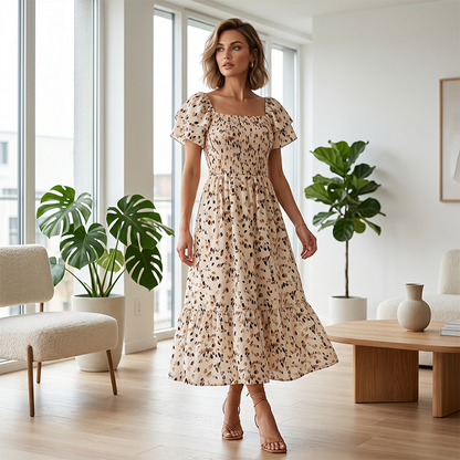 🌈2026 New Arrive Summer Hot Sale 50% OFF!✨Square Neck Floral Midi Dress – Smocked Bodice, Flowy Tiered Skirt🌸
