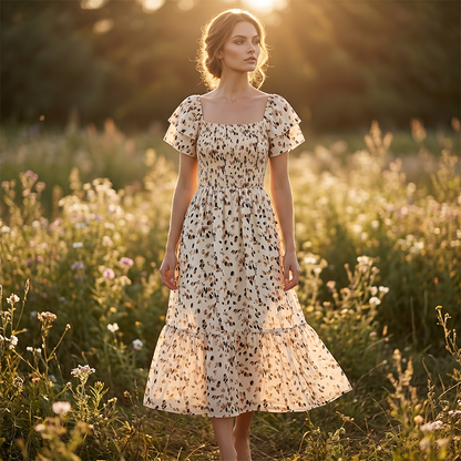 🌈2026 New Arrive Summer Hot Sale 50% OFF!✨Square Neck Floral Midi Dress – Smocked Bodice, Flowy Tiered Skirt🌸