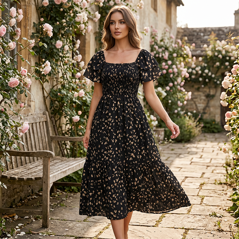 🌈2026 New Arrive Summer Hot Sale 50% OFF!✨Square Neck Floral Midi Dress – Smocked Bodice, Flowy Tiered Skirt🌸